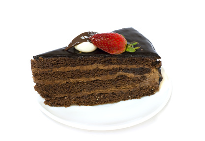 A slice of chocolate cake on white background