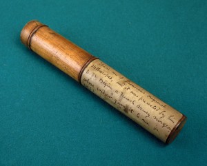 Made of wood and brass, this is one of the original stethoscopes belonging to the French physician Rene Theophile Laennec (1781-1826) who devised the first stethoscope in 1816. It consists of a single hollow tube. The familiar binaural stethoscope, with rubber tubing going to both ears, was not developed until the 1850s. Regarded as the father of chest medicine, Laennec demonstrated the importance of the instrument in diagnosing diseases of the lungs, heart and vascular systems. Ironically, he died of tuberculosis.
