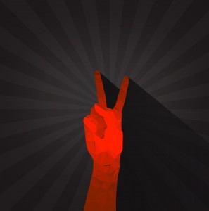 Polygonal hand displaying victory sign - With copyspace